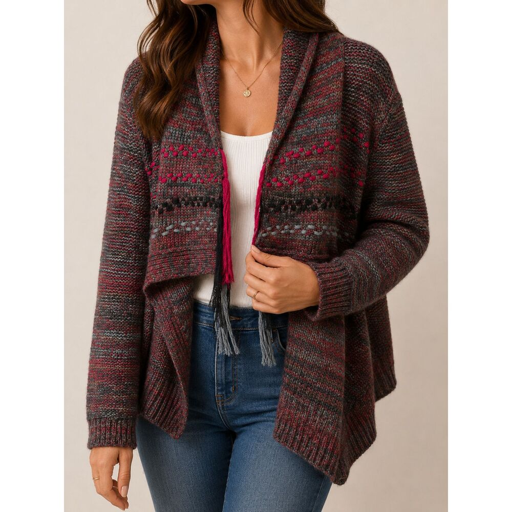 Daytrip Open‎ Front Knit Cardigan Sweater L Boho Tassel Shawl Collar Multicolor